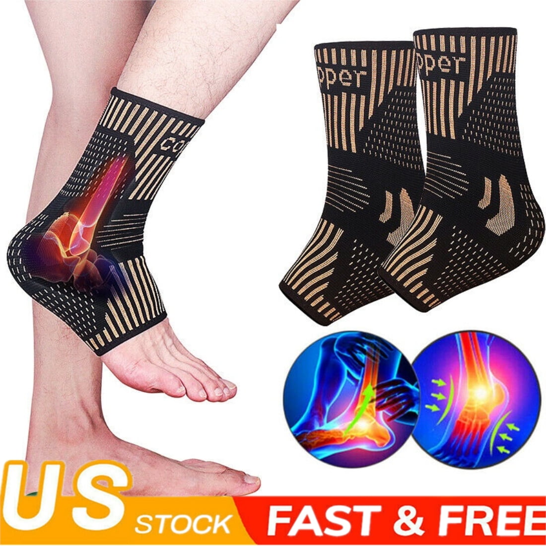 Copper Ankle Support Brace Compression Sleeve Foot Pain Relief Jogging Sprain HG 