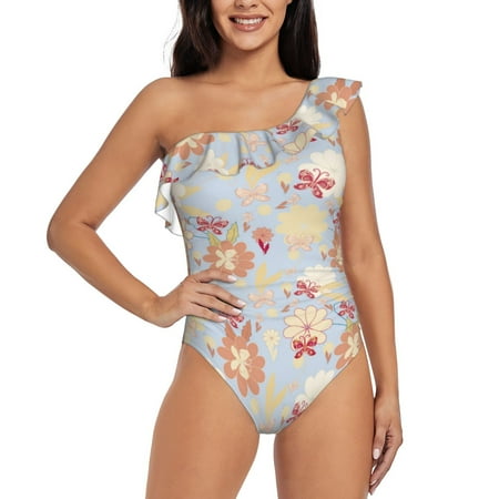 Uemuo Butterfly Flower Print Women s One Piece Swimsuit Asymmetrical Neck Bathing Suit One Shoulder Side Cutout Ruffle Swimwear-XX-Large