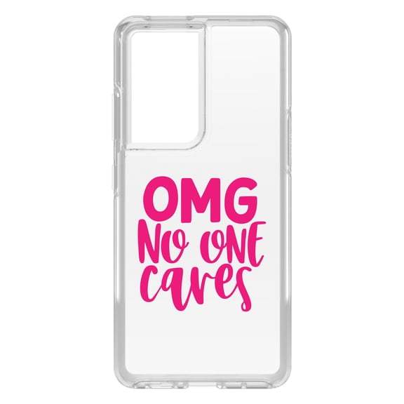 DistinctInk Clear Shockproof Hybrid Case for Galaxy S21 ULTRA 5G (6.8" Screen) - TPU Bumper Acrylic Back Tempered Glass Screen Protector - OMG No One Cares - Hot Pink