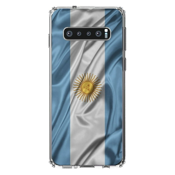 DistinctInk Clear Shockproof Hybrid Case for Samsung Galaxy S10  PLUS(6.4" Screen) - TPU Bumper, Acrylic Back, Tempered Glass Screen Protector - Argentina Waving Flag