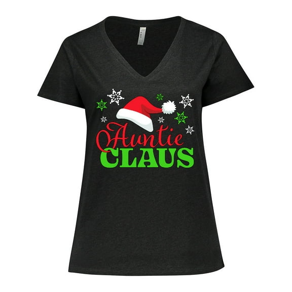Inktastic Auntie Claus with Christmas Santa Hat and Snowflakes Women's Plus Size V-Neck T-Shirt