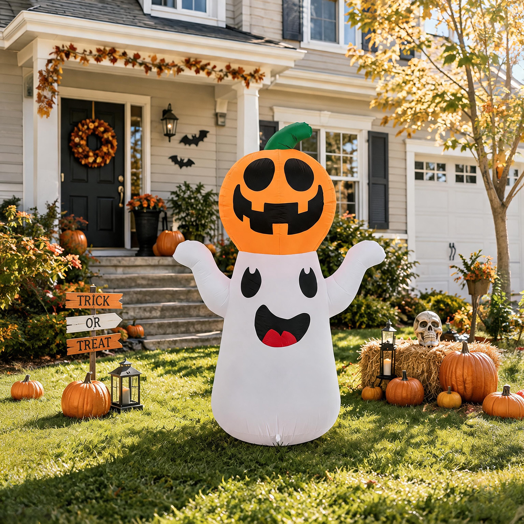 GARITIN Halloween Inflatable Decorations, 5.48 FT Blow Up Ghost with Pumpkin Head, Rotating LED Lights Waterproof Polyester Outdoor Yard Decor
