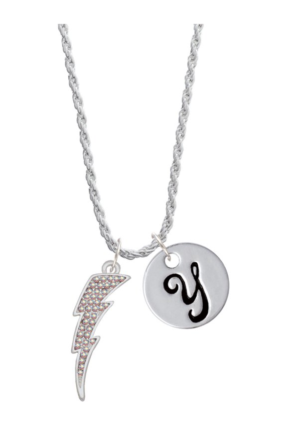Silvertone Large Clear AB Crystal Lightning Bolt Silvertone Script Initial Disc - Y - Charm Necklace, 20"+3"