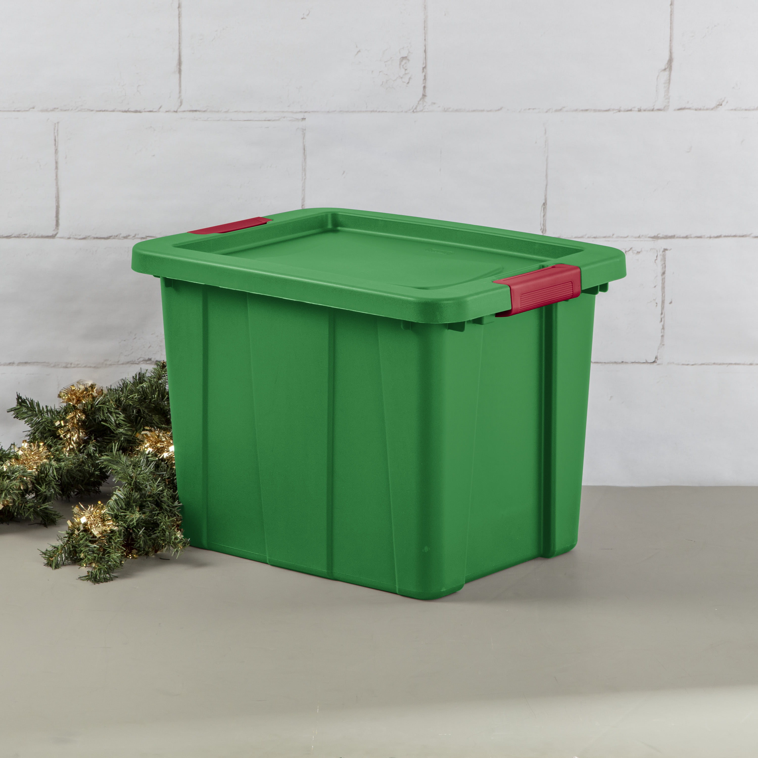 Hefty 18 gal Plastic Holiday Latched Storage Tote, Green 