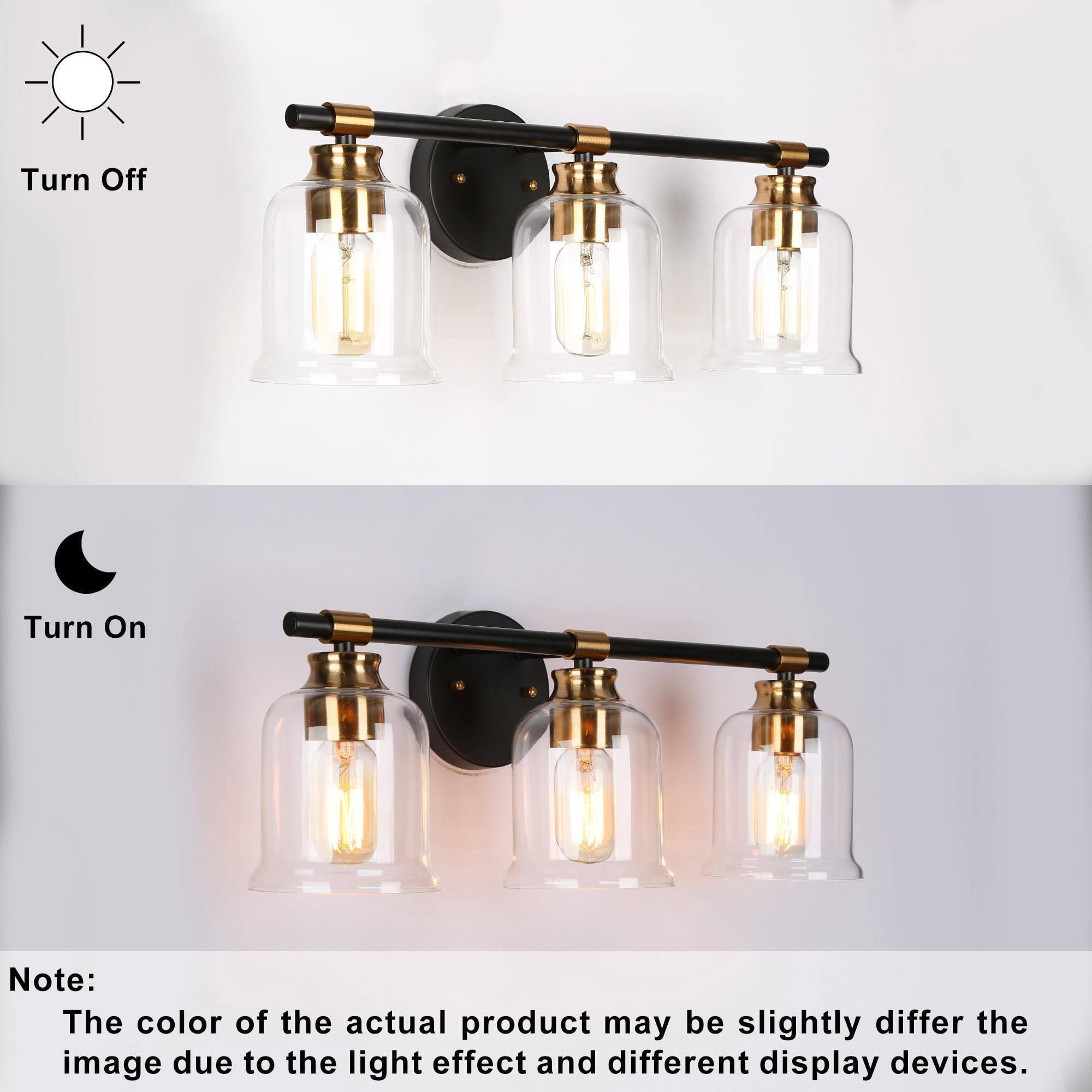 LNC Black & Gold 3-Light Bathroom Vanity Light with Clear Bell Glass Shades, Dimmable