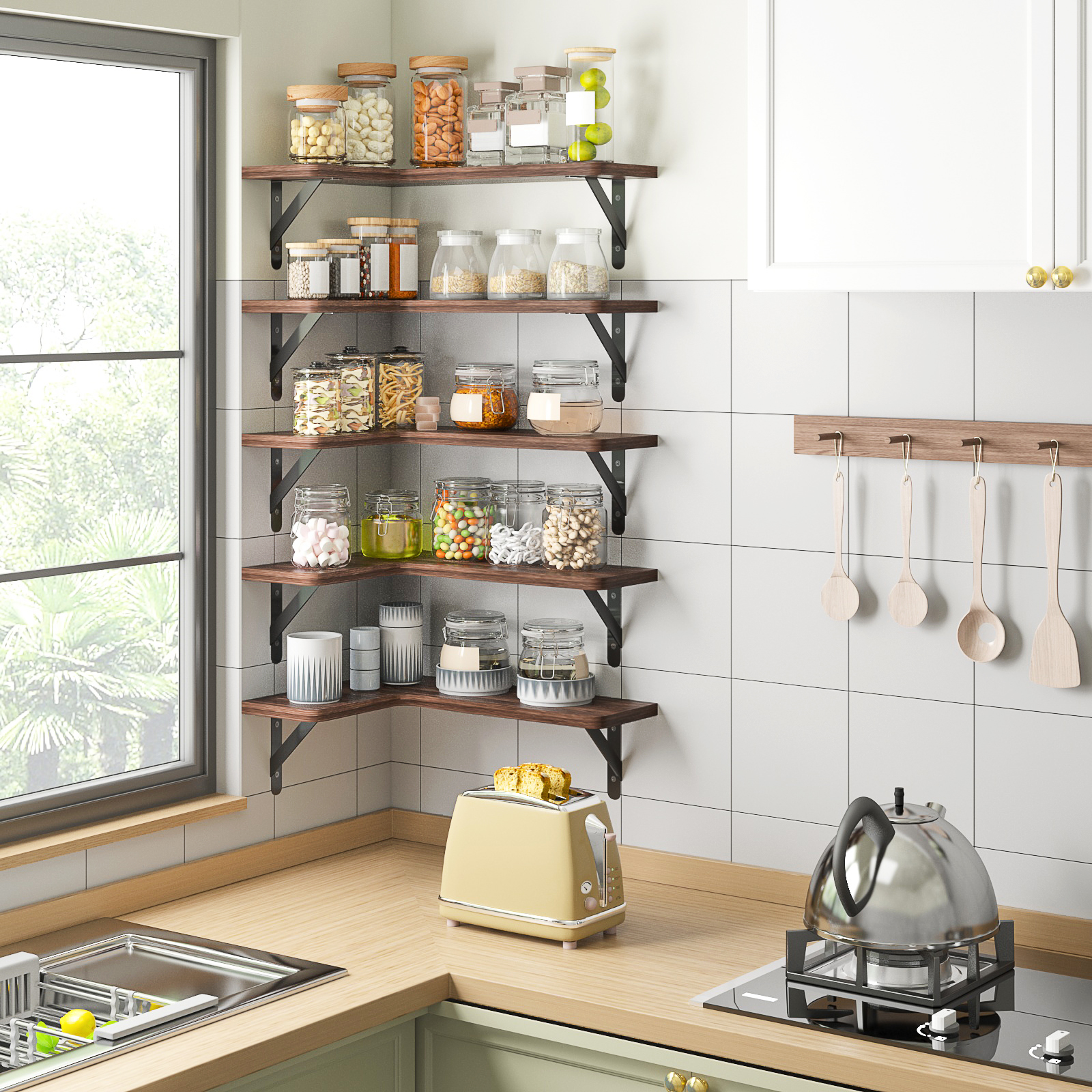 Fairy 5 Pack Corner Floating Shelves, Rustic Wood Wall Shelves for Bedroom, Bathroom, Living Room, Kitchen, Dark Brown, 16.1 x 11.4 in