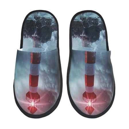 Balery Lighthouse in a Stormy Sea Slient Indoor Furry Fleece Comfort House Shoes Soft Non-Slip Home Shoes Cotton slippers House Slippers-- Medium