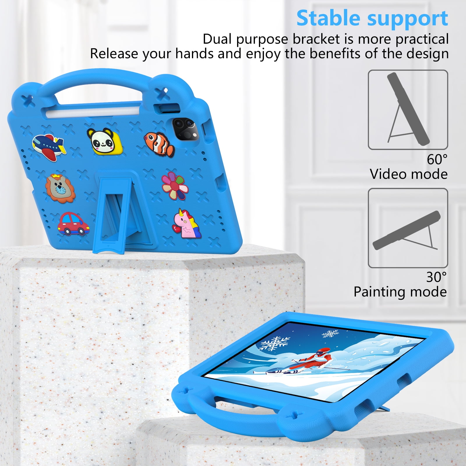 Cartoon Handle Case for iPad 10th Gen 10.9" 2022 Case, EVA Foam Cute Pattern with Pencil Holder Kickstand Cute Shockproof PC Case for Apple iPad 10th Gen 10.9" 2022 , Skyblue