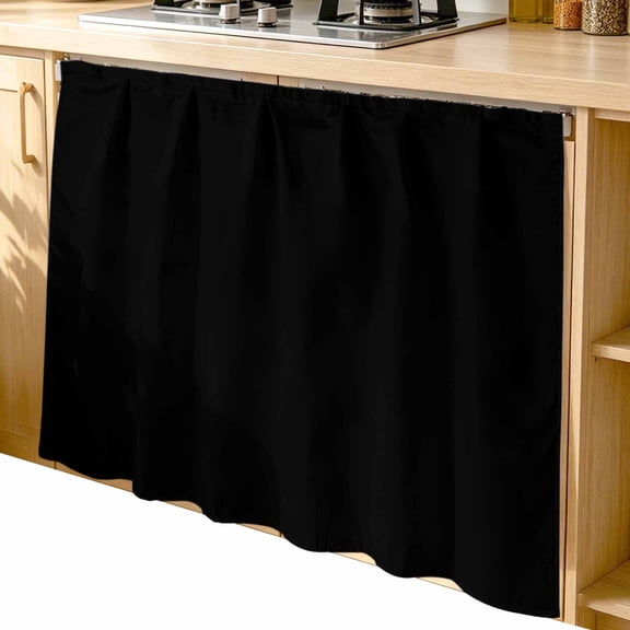 Black Cabinet Curtains 35"W x 35"L, Dustproof Sink Skirt Curtain for Kitchen Bathroom, Solid Color Farmhouse Black Adhesive Desk Skirt Privacy Short Curtains for Office Closet Vanity Shoe Rack