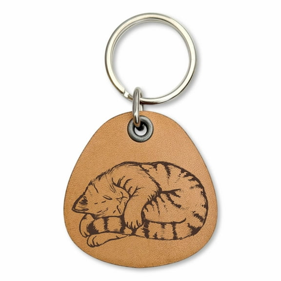 ForLeatherMore - Sleepy Tabby Cat - Genuine Leather Keychain - On the Farm Collection