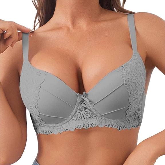 MGDXOX Push Up Bra for Women Underwire Lace Padded Lingerie Adjustable Lift Bra Plus Size Everyday Solid Bras Gray 80C