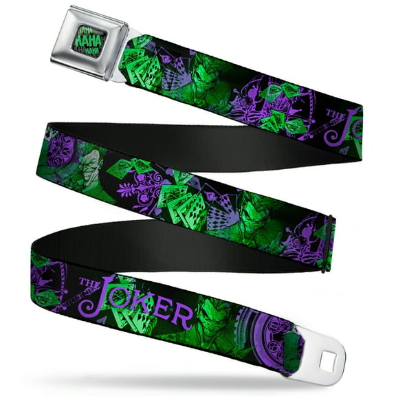 DC Comics Belt, Seatbelt Buckle Belt, The Joker Card Flipping Poses Black Greens Purples, Youth 22 to 32 Inches