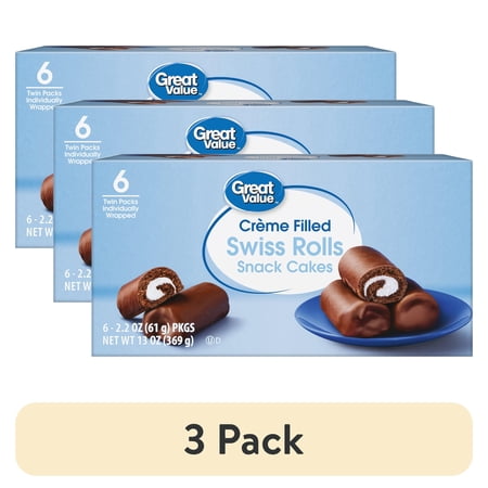 (3 pack) Great Value Creme Filled Swiss Rolls Snack Cakes, 13 oz, 6 Count