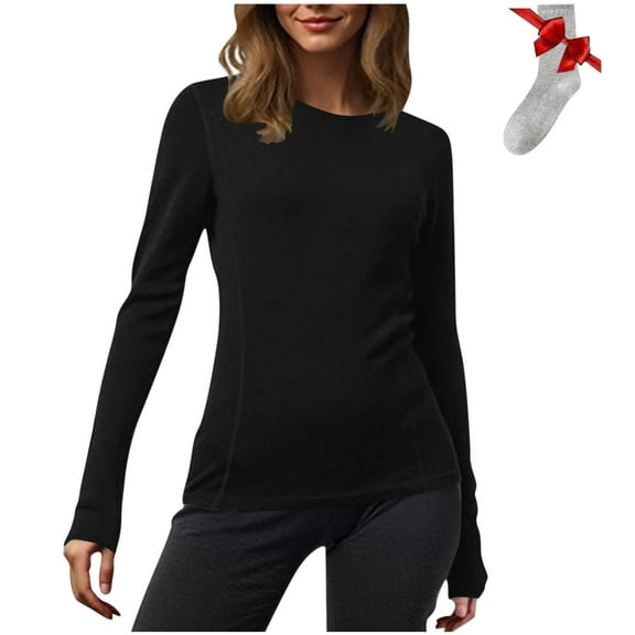 Fnooota Women's Long Sleeve Tops, Pullover Crew Neck Casual Cotton Undershirts for Women Black Size S-3XL