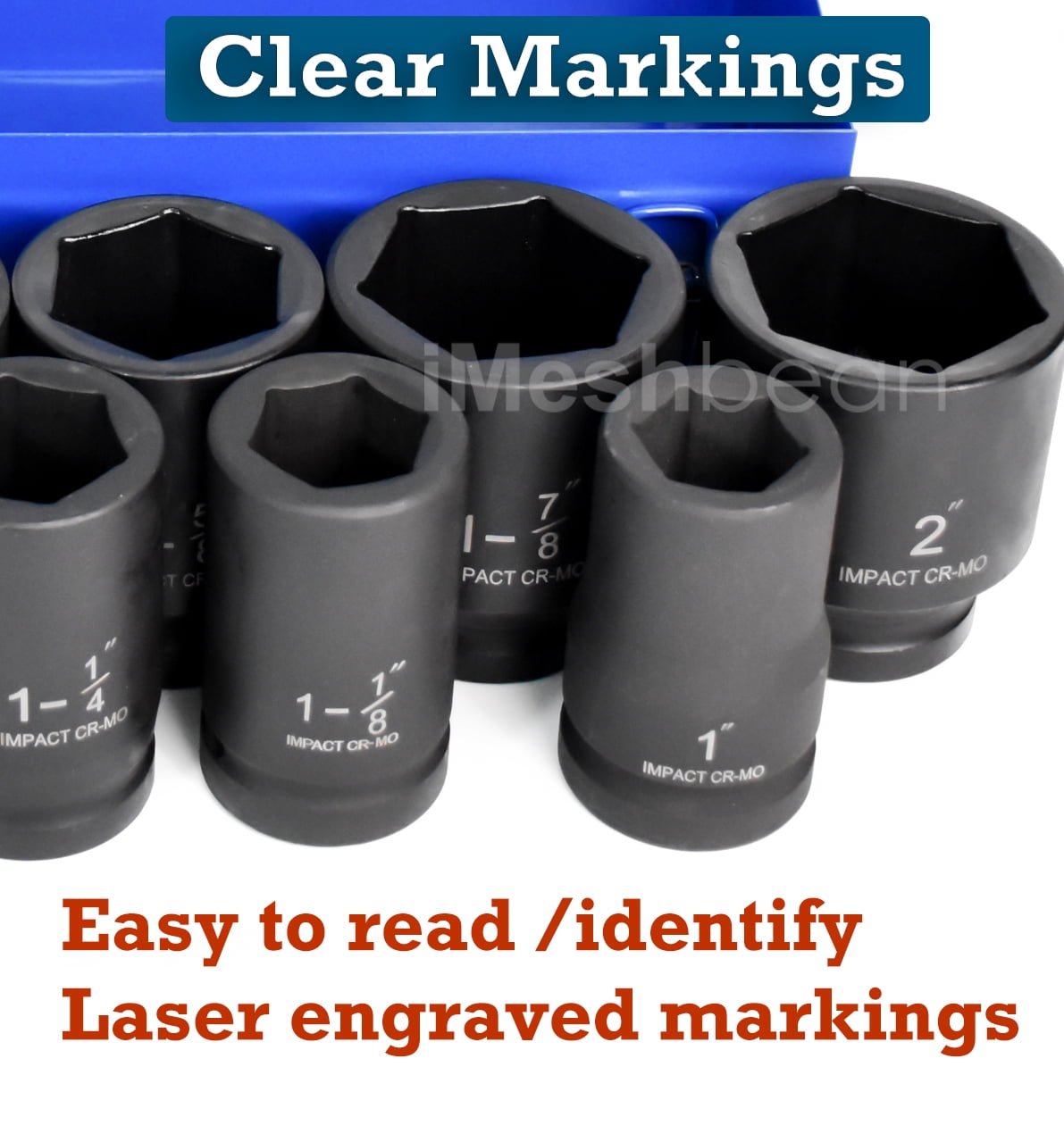 iMeshbean 9 pcs 1" Deep Impact Socket Set 6-Point SAE 1 Inch- 2 Inch CR-MO Steel Heavy Duty Sockets Tool Set with Carry Case