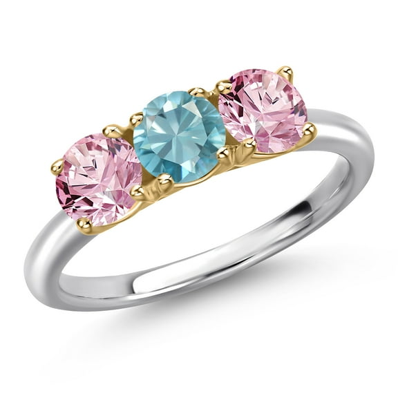 Gem Stone King 10K Two Tone Gold Blue Zircon and Pink Lab Grown Diamond Engagement Ring for Women | 1.85 Cttw | Round 5MM | Gemstone Birthstone | Size 9