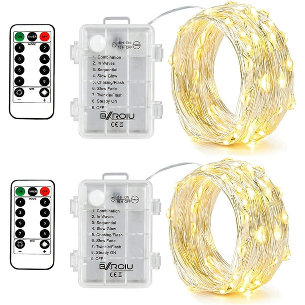 luces de hadas que funcionan con pilas, cadenas de alambre plateadas, 8 modos de 16 pies/5 metros, 50 luces LED con control remoto para recámara, Navidad, fiesta, decoración de boda (blanco