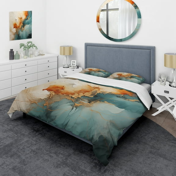 Designart "Blue Orange Bold Energy V" Abstract Collages Bedding Covert Set - Dams Teal Abstract Bed Set With 2 Shams