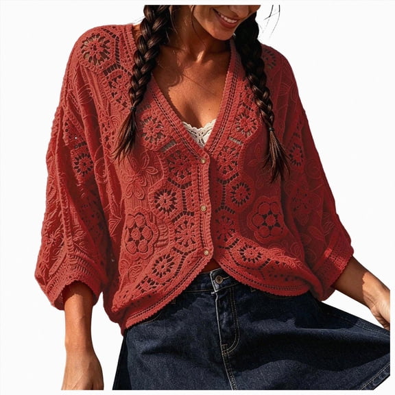 Kakishop Women's Short Sleeve Summer Cardigan V-Neck Button up Lightweight Hollow Out Sweater Cardigans Shrug,Red