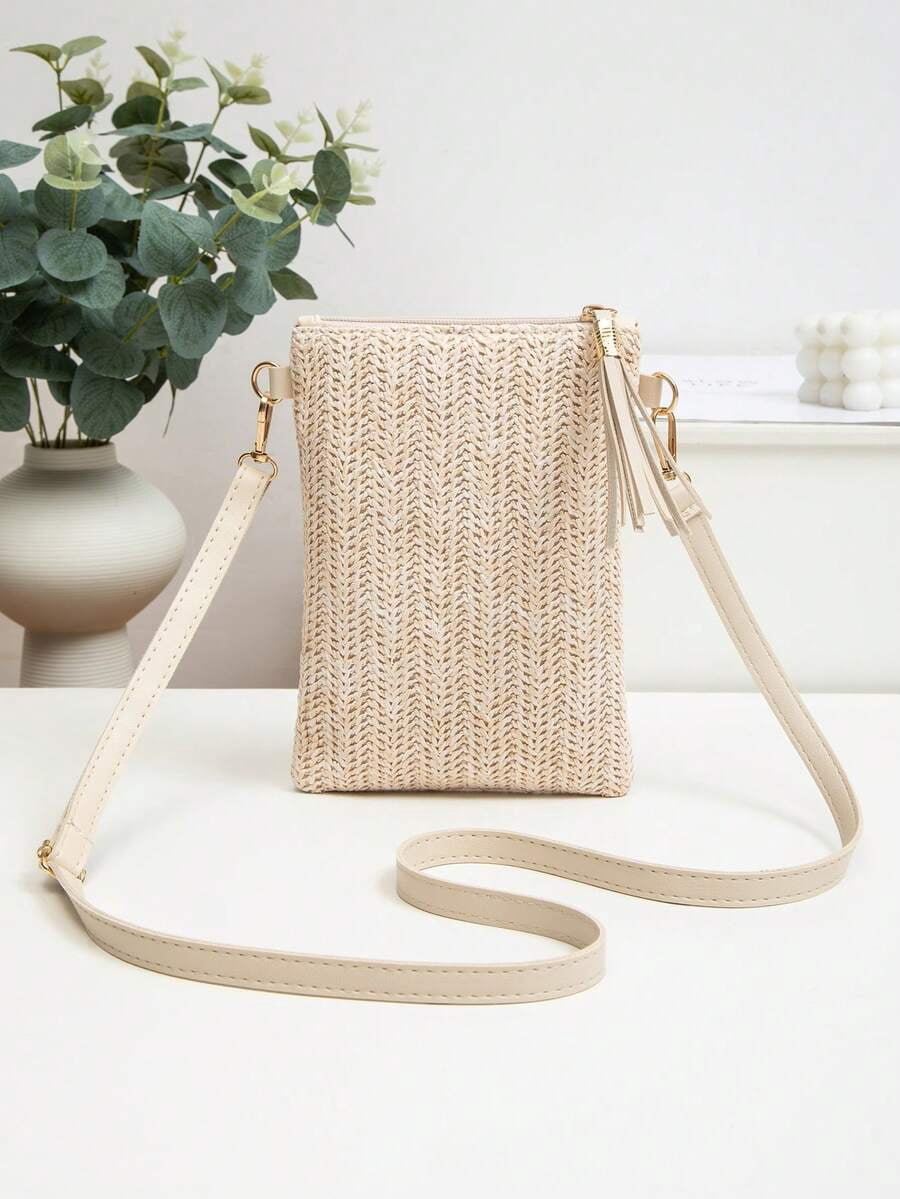 Mini Crossbody Bag For Women, Handwoven Cross-Body Bag, Solid Color Portable Handbag, French Casual Tassel Decor Bag, Large Capacity Multi-Function Zipper Shoulder Strap Bag, Travel Shopping Bag