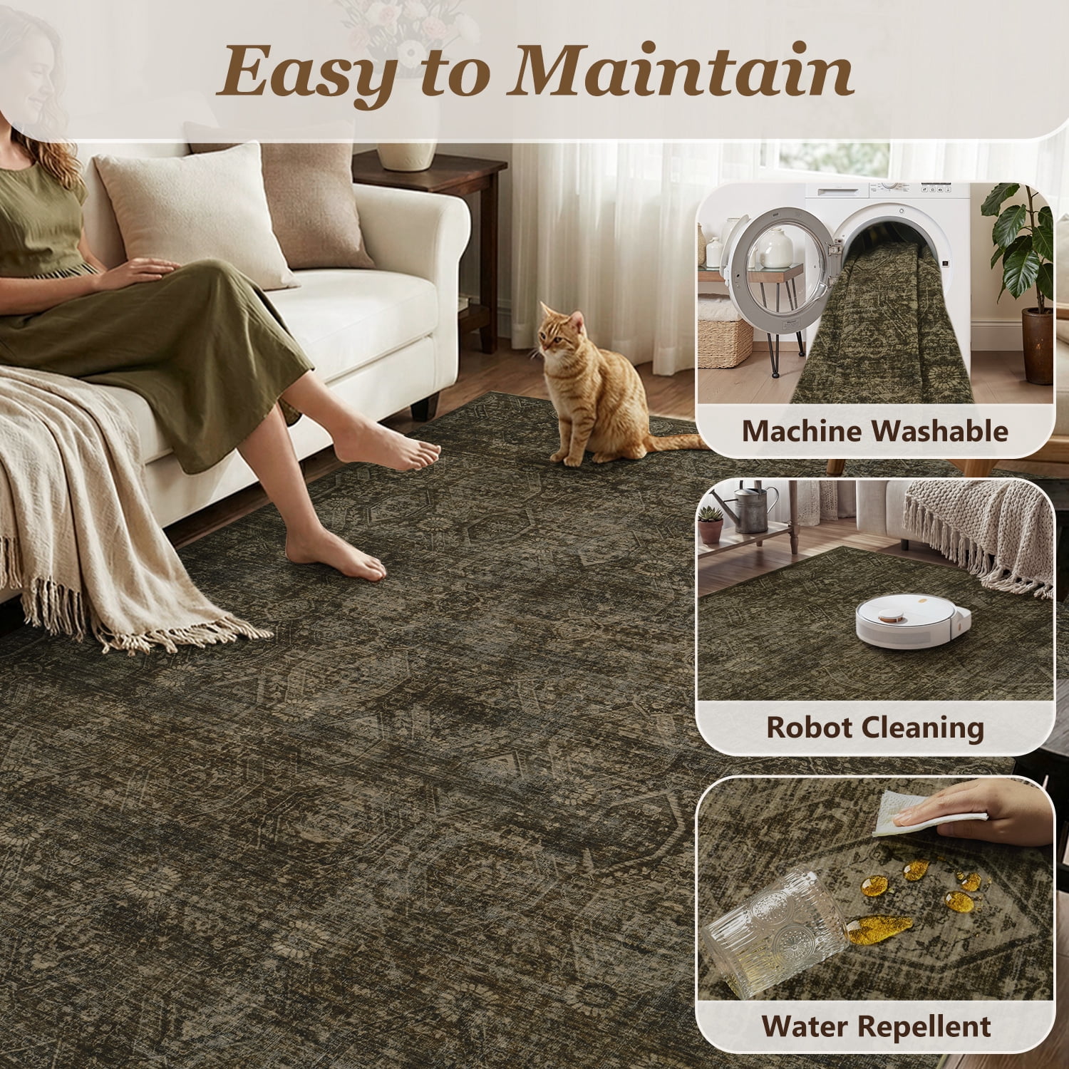 SIXHOME 9'x12' Area Rugs for Living Room Modern Area Rugs Machine Washable Rugs Brown