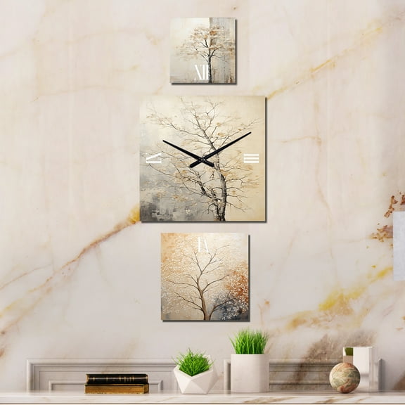 Designart "Beige Oak Tree Solitude" Trees Oversized Wall Clock - Set Of 3 - Extra large Clock For Office Décor - Large Traditional Wall Clock