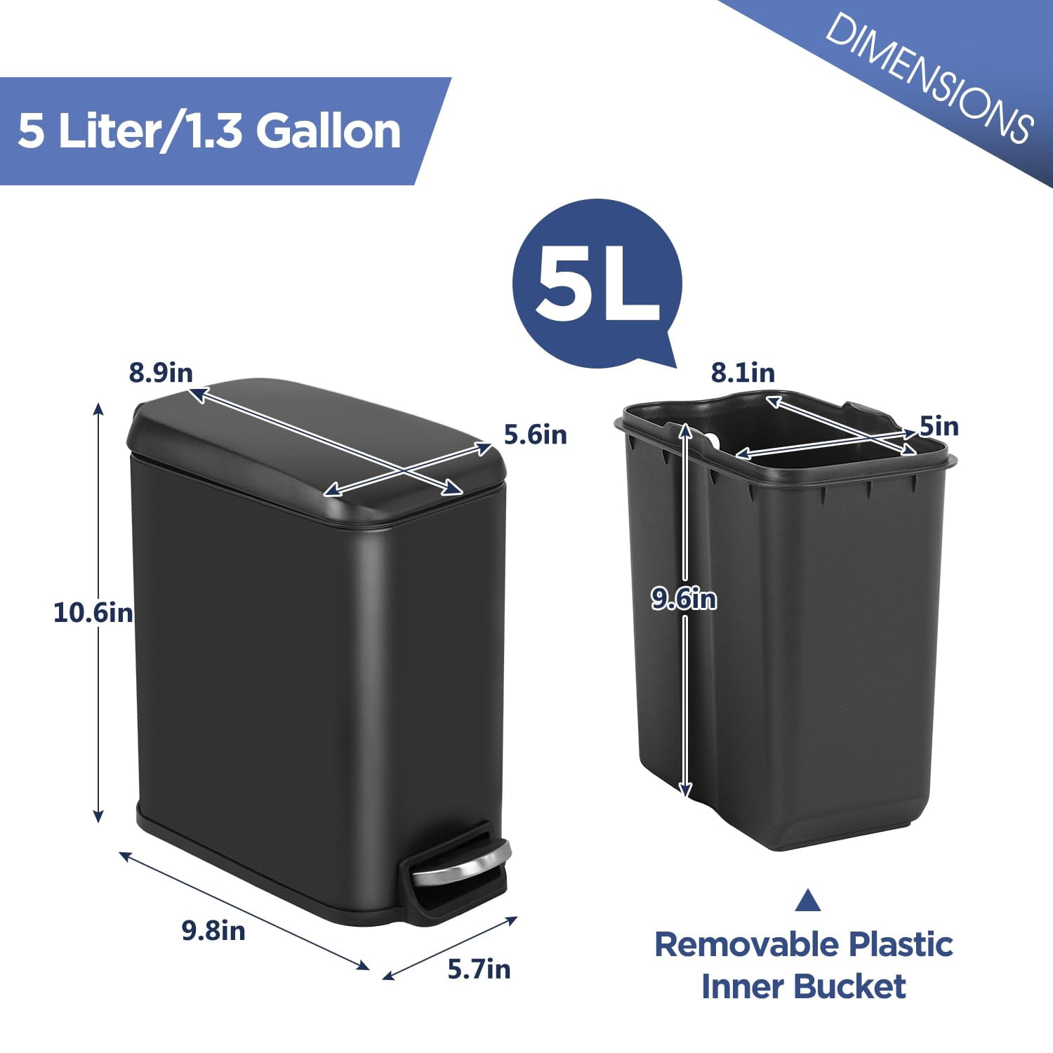 5 L / 1.3 Gallon Trash Can with Lid,Step Pedal Trash Bin Slim Trash Can Stainless Steel Garbage Can with Removable Inner Bucket for Small Spaces, Black (2 Pack)