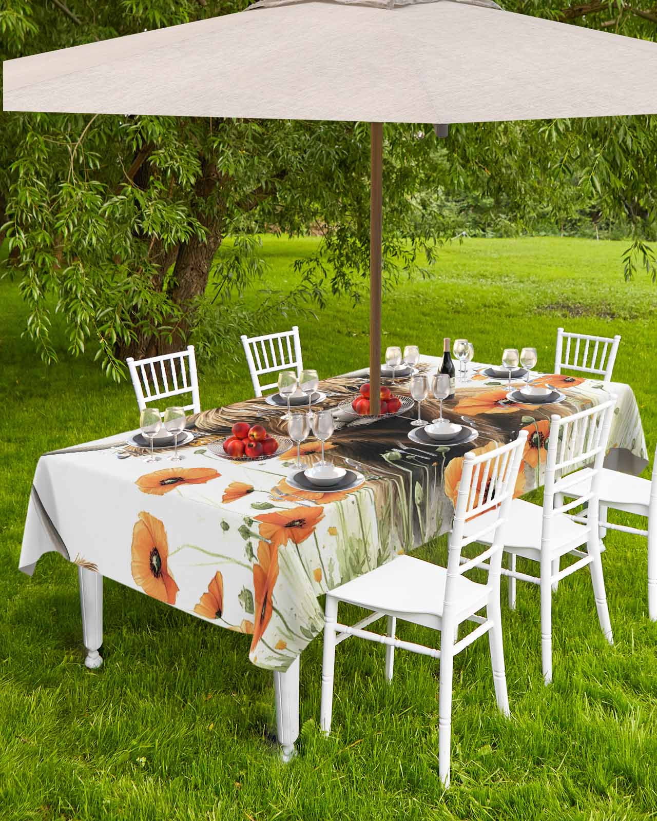 Fsddascl Brown Yak Farmhouse Outdoor Tablecloth - 60x102 Inch Rectangle Dining Table Cover, Spring Country Floral Botanical Waterproof Outdoor Table Cloth with Umbrella Hole & Zipper for Patio
