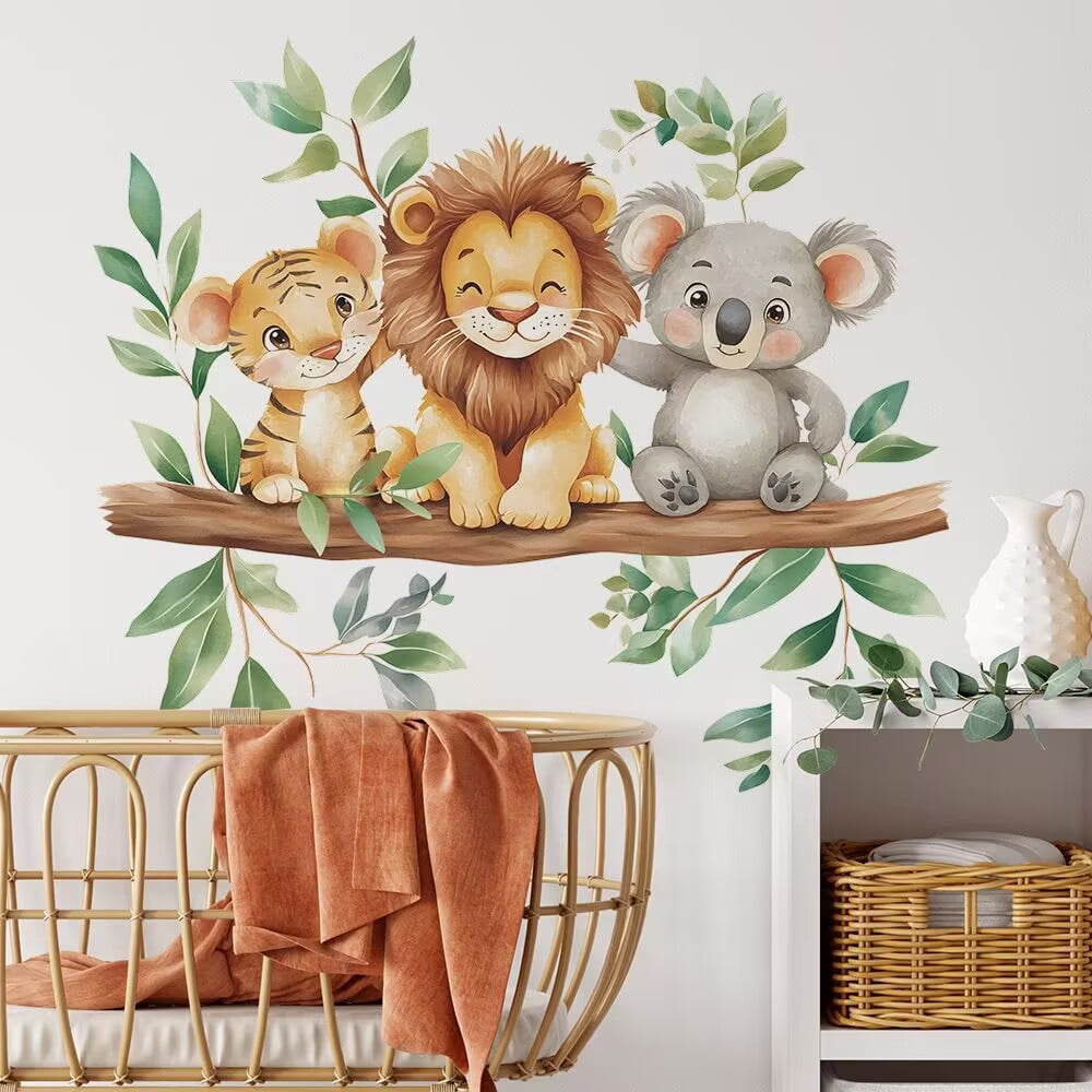 Jungle Lion Wall Decals Safari Animals Koala Wall Stickers tiger stickers DIY transparent Peel and Stick Vinyl Wall Art Decor for Children Kids Nursery Bedroom Playroom Living Room