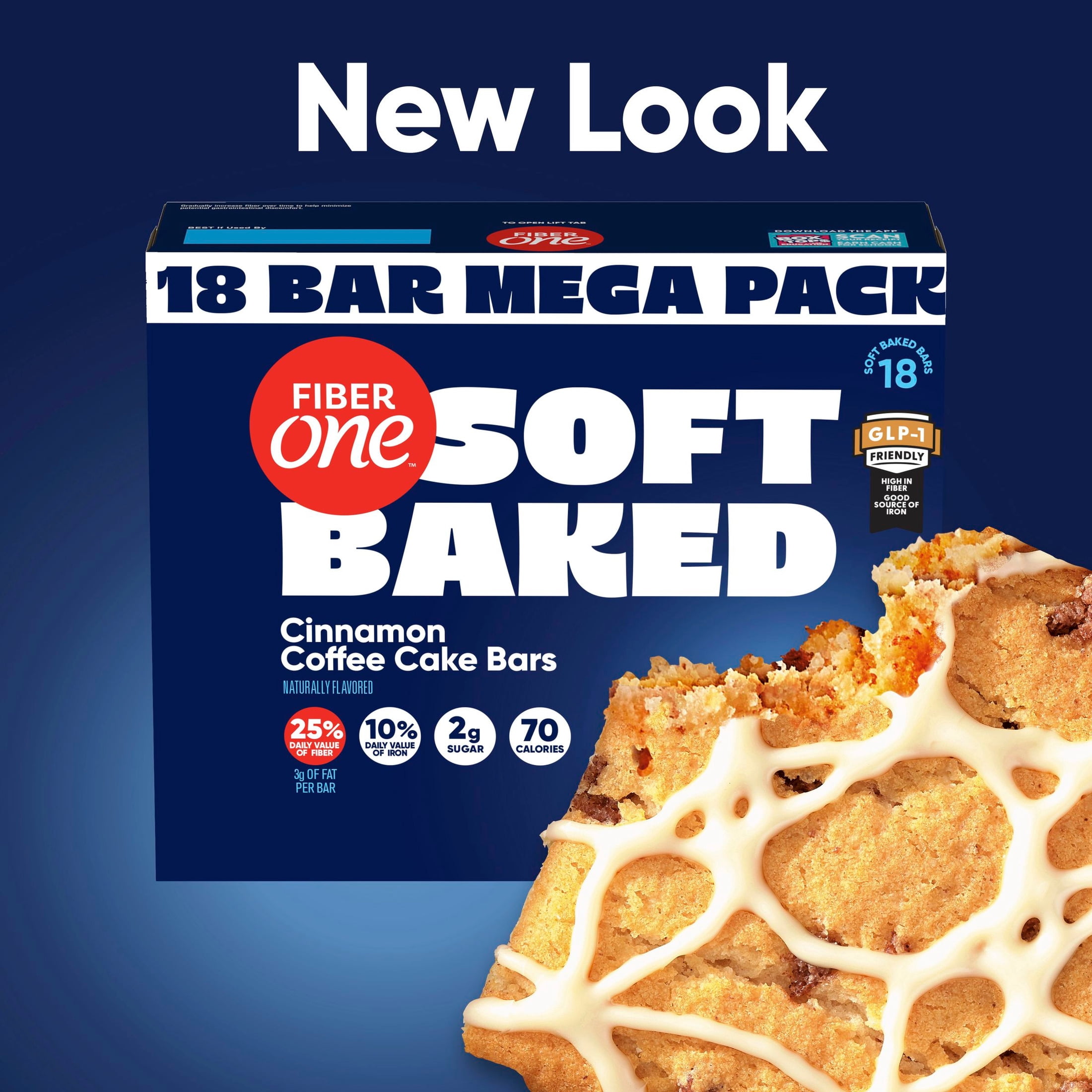 Fiber One Soft Baked Cinnamon Coffee Cake Bars, Fiber Snacks, Mega Pack, 18 Ct, 16 oz