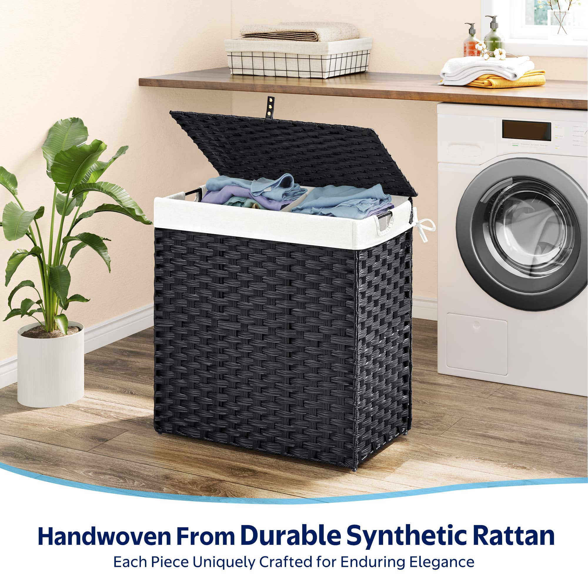 Rolanstar 110L Laundry Hamper Wicker Laundry Basket with Lid, Handles Clothes Hamper Foldable with 2 Removable Liner Bags, Black