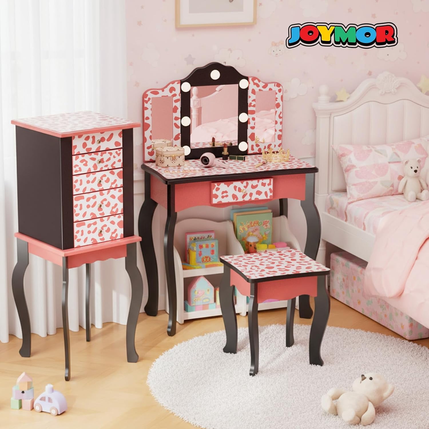 Matladin Kids Vanity Table and Chair Set with Leopard Print, Tri-Fold Mirror & Lights, Girls Vanity, Princess Makeup Desk for Girls