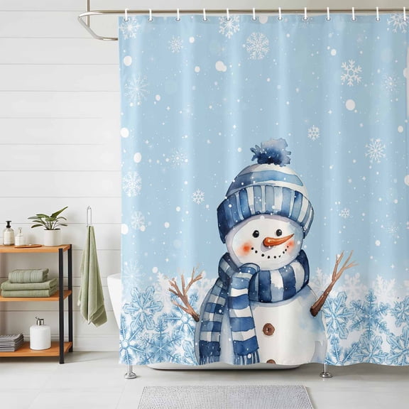 Shower Curtains for Bathroom, Blue Christmas Snowman Waterproof Fabric Shower Curtain, Xmas Snowflake Winter Blue Decorative Bathroom Curtain for Bathtub, 72"x72", No Hooks Included