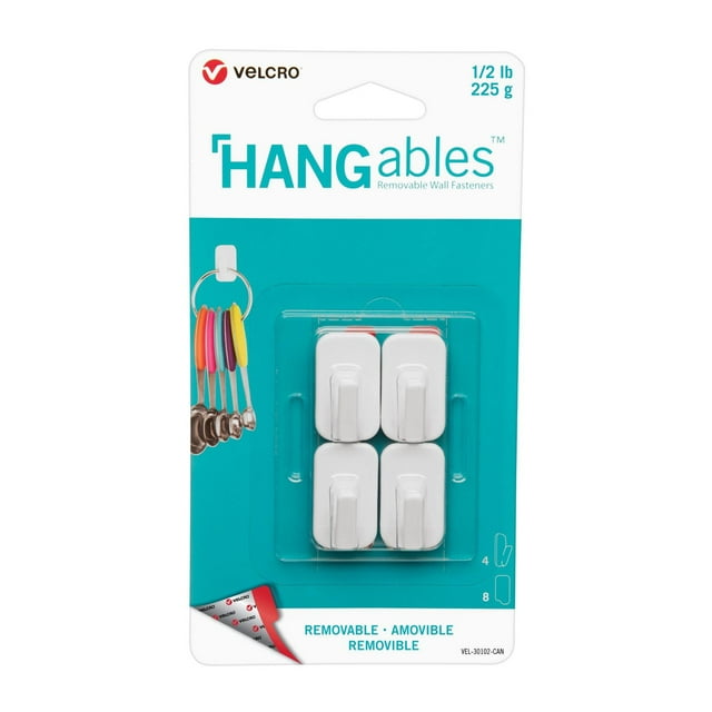 VELCRO BRAND HANGables removable white micro hooks, 1/2 lb weight capacity, pack of four