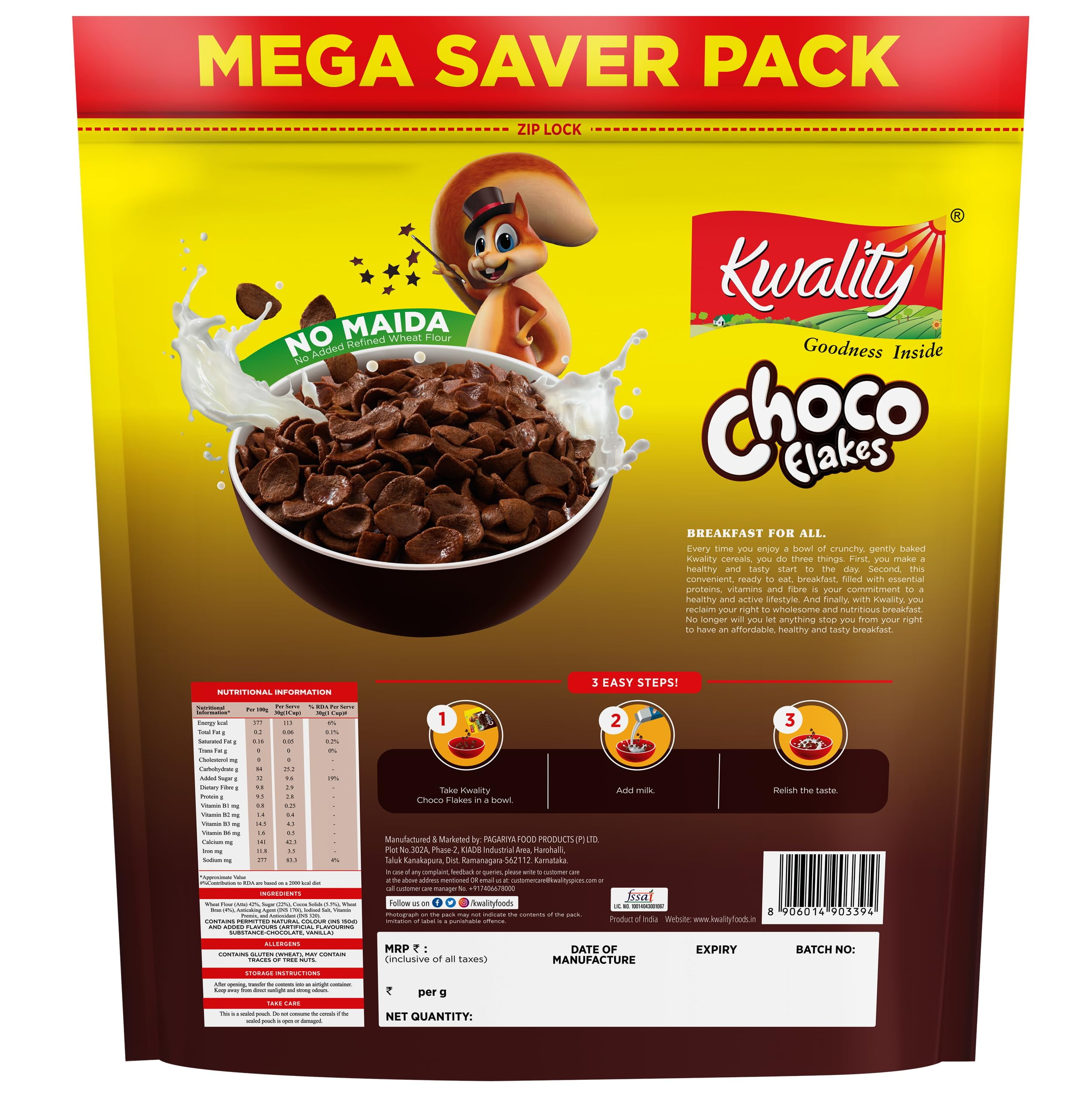 Kwality Choco Flakes 375g (Pack 2), Made with Whole Wheat, 0% Maida, Source of Protein & Fiber, Richness of Chocolate