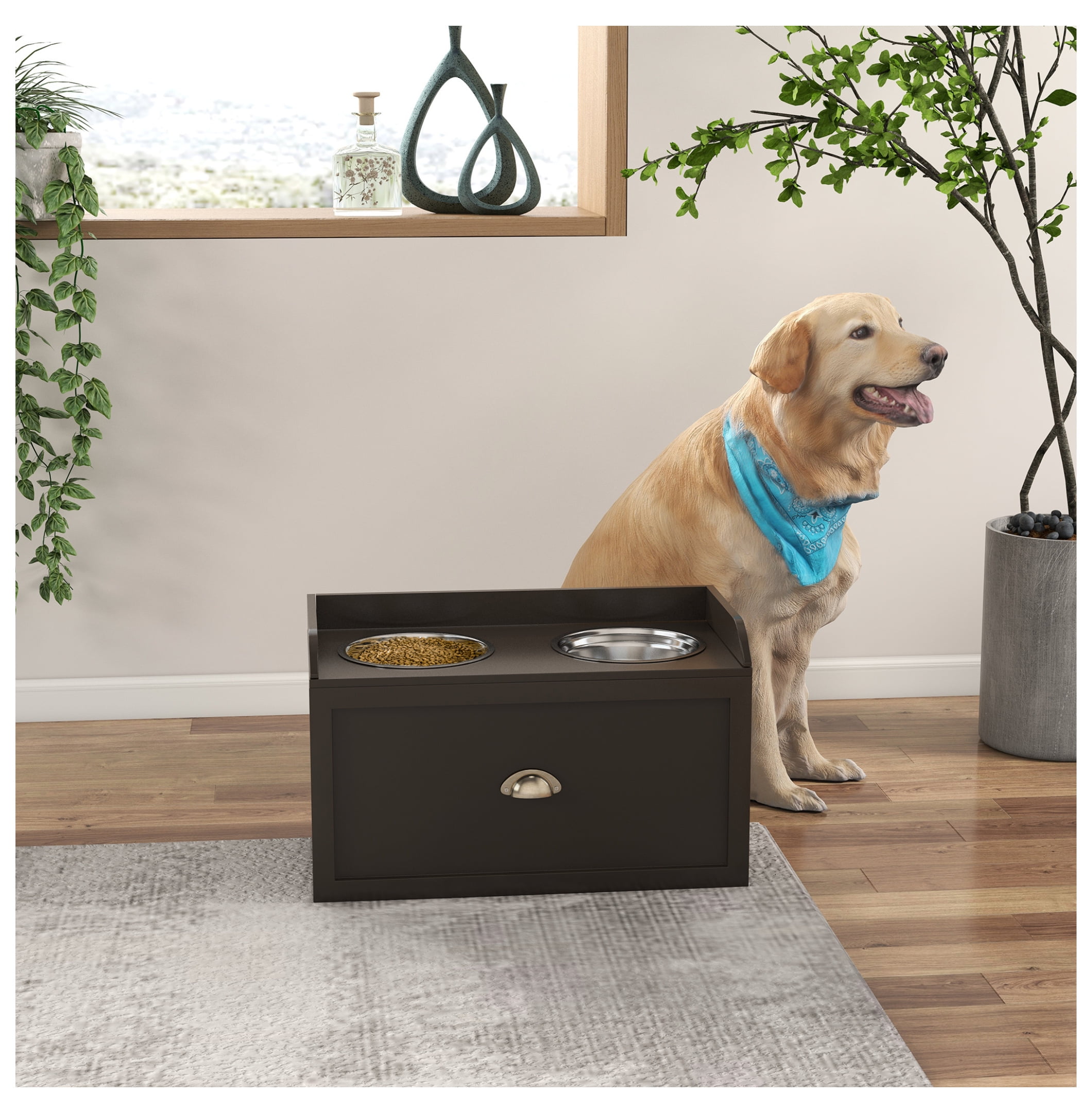 Dog Feeding Station with Storage Drawer, Storage Cabinet with 2 Removable Elevated Dog Bowls for Large Sized Dogs, Coffee