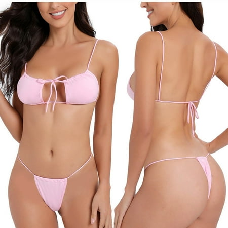 String Bikini Set for Women Two Piece Cheeky Push Up Swimsuits Sexy Brazilian Bikini Tops Thong Bathing Suit Swimwear  Pink  Free Size