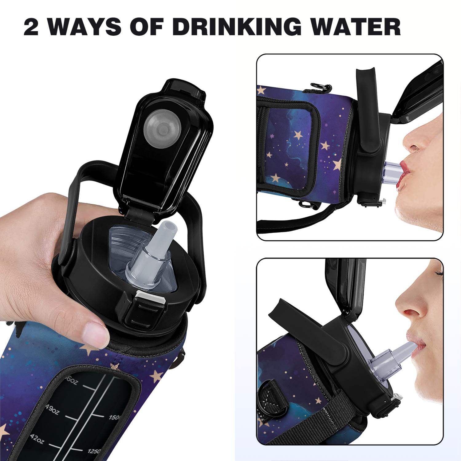 Starry Sky 64 Oz Water Bottle with Sleeve - BPA Free Leakproof Sport Large Plastic Water Bottle with Straw & Time Marker & Insulated Neoprene Holder Carrier Bag Great Gift for Women Men