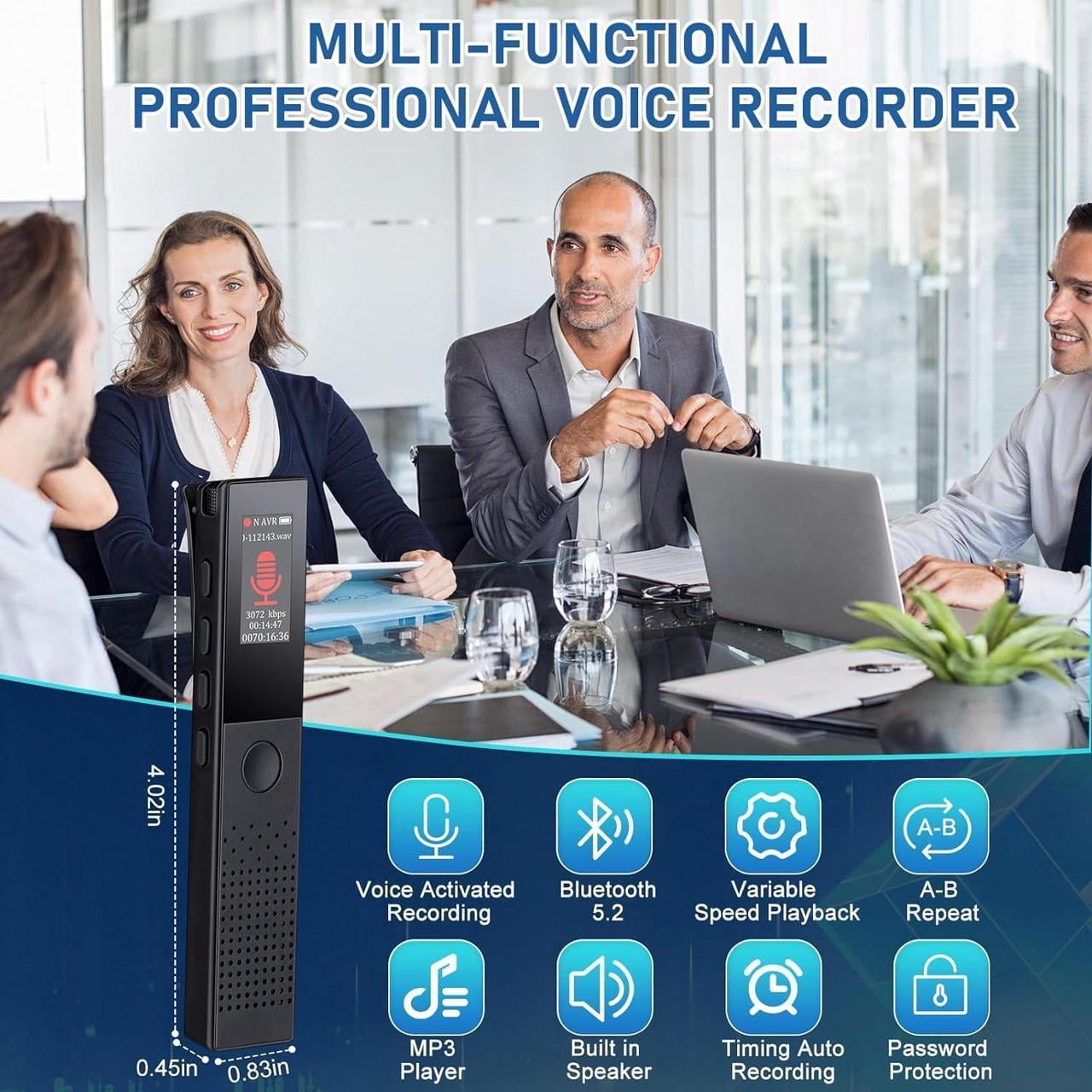 64GB Digital Voice Recorder - Bluetooth Playback, 3072KBPS Voice Activation, Password Protection - Ideal for Lectures, Meetings, Interviews.