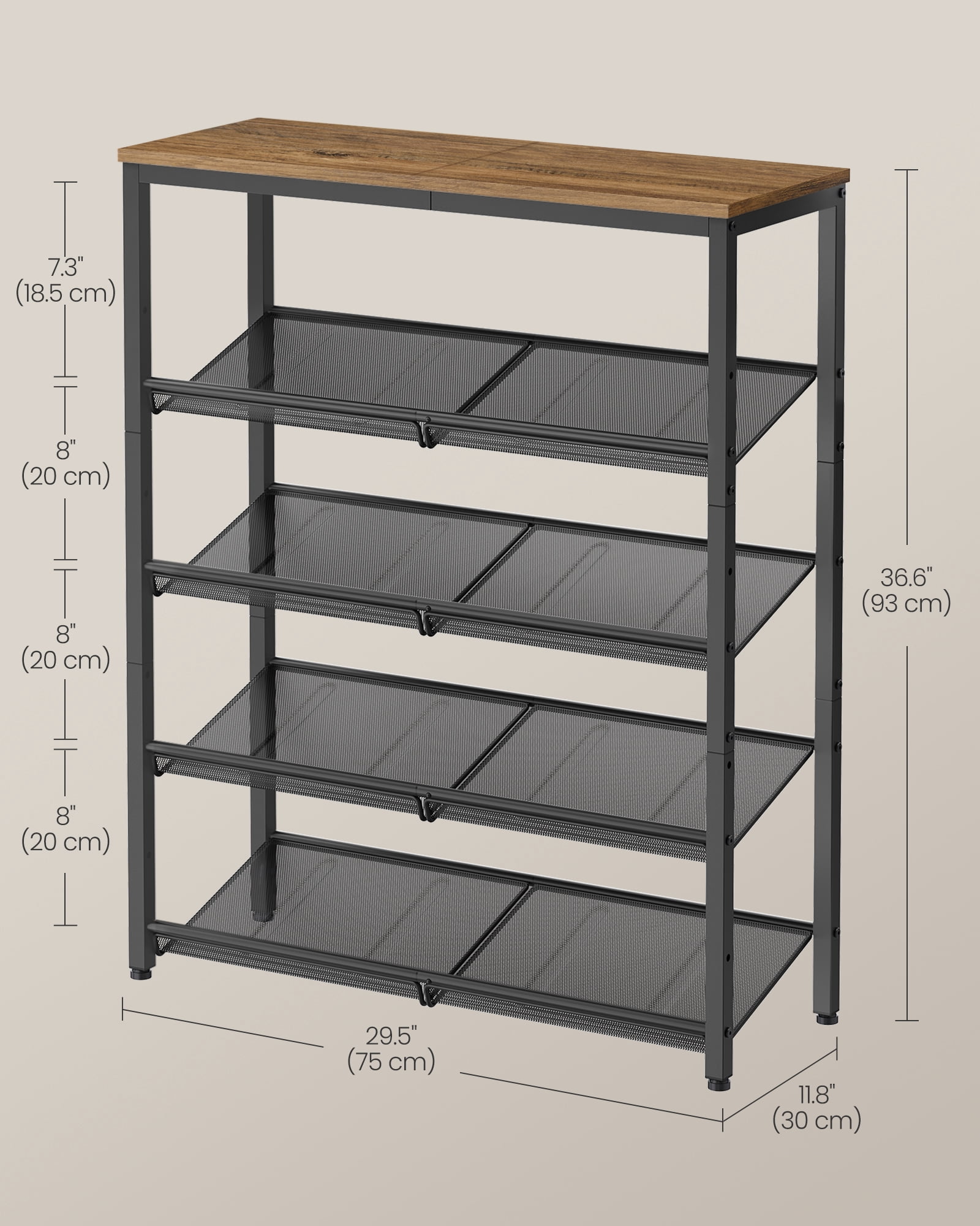 5-Tier Shoe Rack for Entryway, Shoe Storage Organizer for 16-20 Pairs, Wooden Top, Steel Frame - Industrial Honey Brown/Ink Black