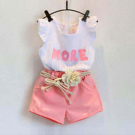 

DNDKILG Toddler Baby Girls Letter Print Clothes Set Short Sleeve Outfits Summer T Shirts and Shorts Set with Pink 2Y-7Y 110