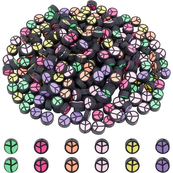 About 300Pcs 6 Colors Polymer Clay Peace Sign Beads Flat Round Handmade Polymer Clay Beads Soft Clay Beads for DIY Crafts Miniature Model Decoration Supplies Hole: 1.6mm
