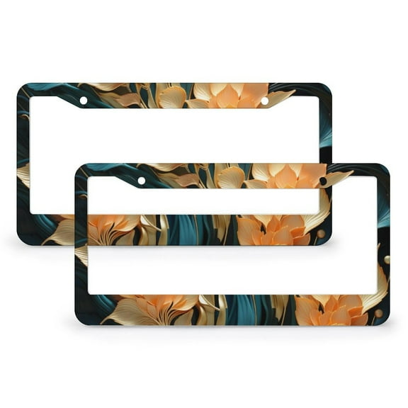 Teal And Gold Leaves License Plate Frames 2 PCS Abstract Pattern License Plate Cover Frame for Women 2 Hole Metal License Plate Frame