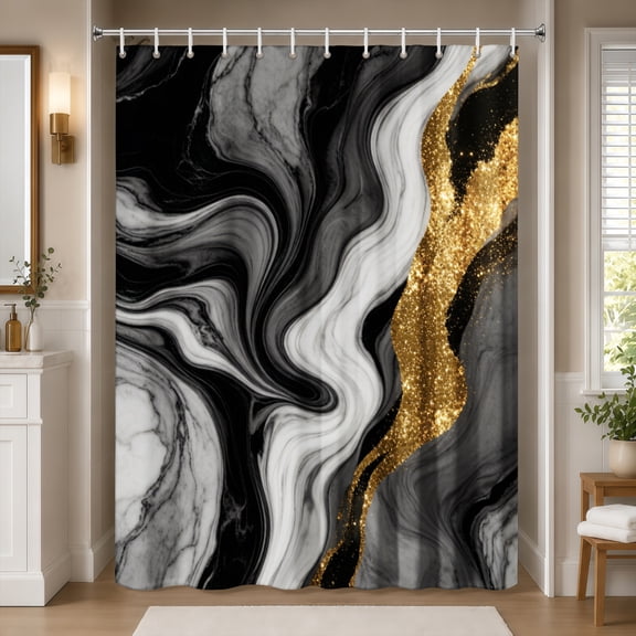 Gelasgo Black Gold Shower Curtain Marble Liquid Texture Modern Luxury Decor Waterproof Polyester Fabric Bath Curtain with Hooks