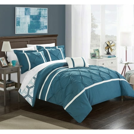 Blue Ruffle Bedding Chic Home 3-Piece Avee Pinch Pleated Ruffled and Reversible Geometric Design Printed Comforter Set ()