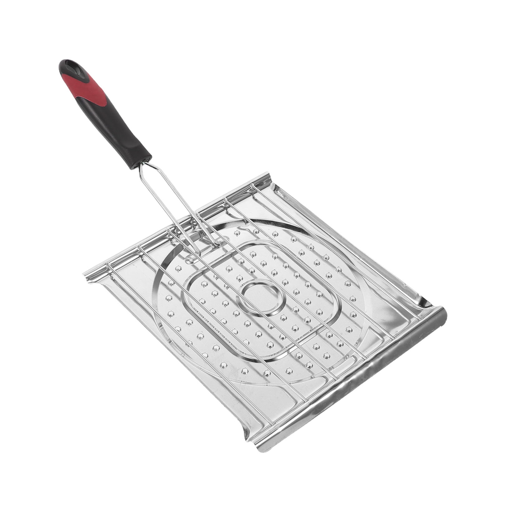 OUNONA Plated Silver Stainless Steel Portable Grill Pan with Foldable Handle Even Cooking Surface for Outdoor Grilling