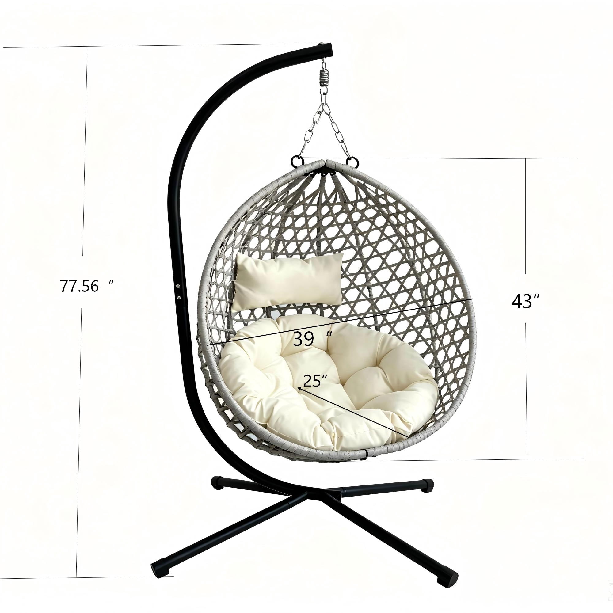 Foldable Hanging Egg Chair with Stand, HDPE Rattan Wicker Swing Chair with Cushion, Heavy Duty Frame 350 Lbs Capacity, Outdoor Patio Indoor Bedroom Balcony, Beige Gray