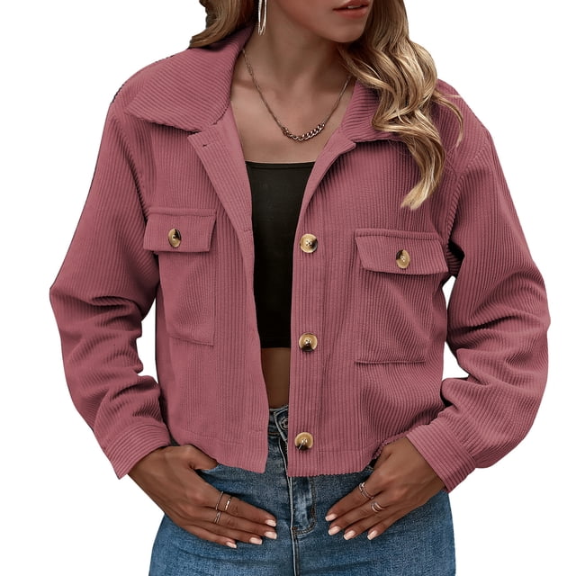 Chaquetas de pana para mujer, con botones, manga larga, bolsillos con solapa, abrigo informal, chaqu Abanopi Rosa/Grande