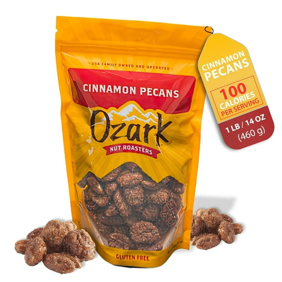 OZARK NUT ROASTERS, Cinnamon-coated Pecans, Flavored Snack Nuts with Cinnamon Spice, World-Class Gourmet Candied Peanuts in Resealable Pack (14 oz)