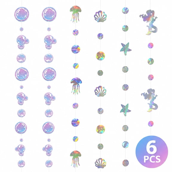 Iridescent Mermaid Banner Decorations Jellyfish Starfish Bubbles Garland for Mermaid Rainbow Theme Decorations,6 Pcs